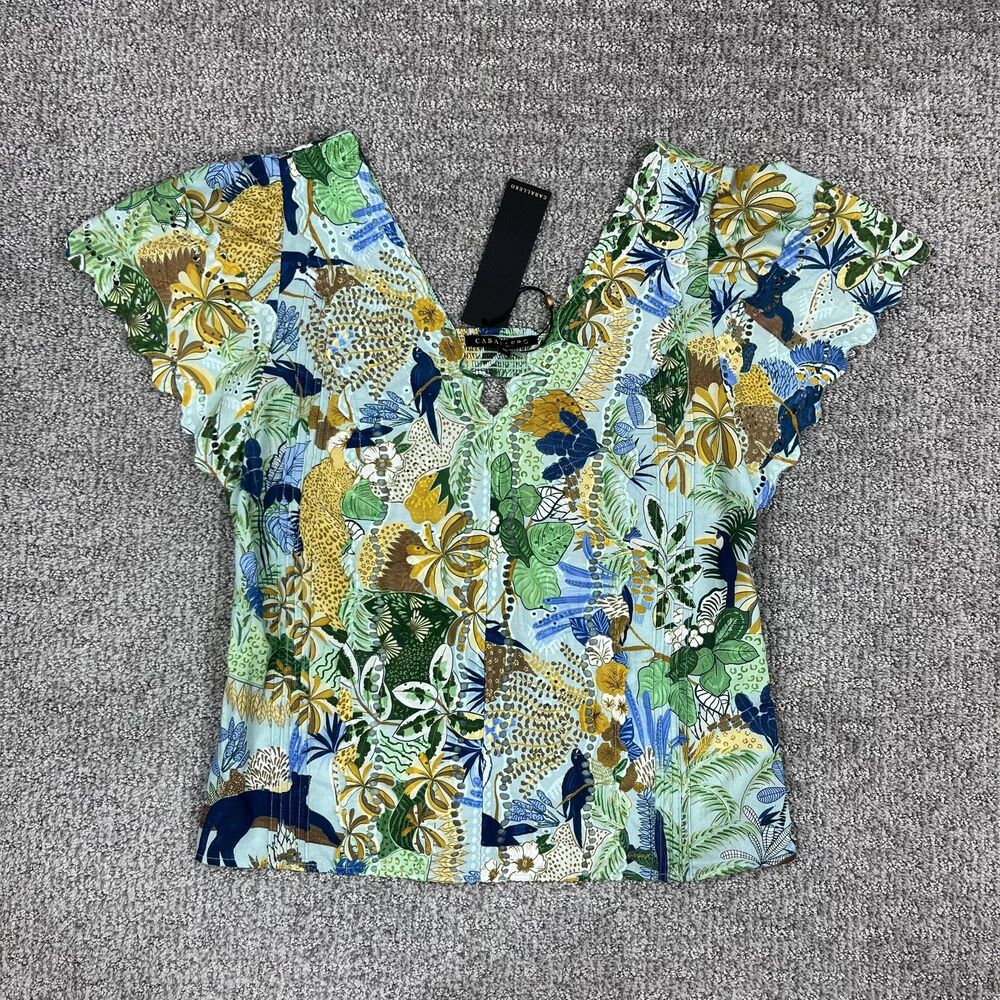 Caballero Blouse Womens XS Green V Neck Flutter Short Sleeve Ilana Top Jungle